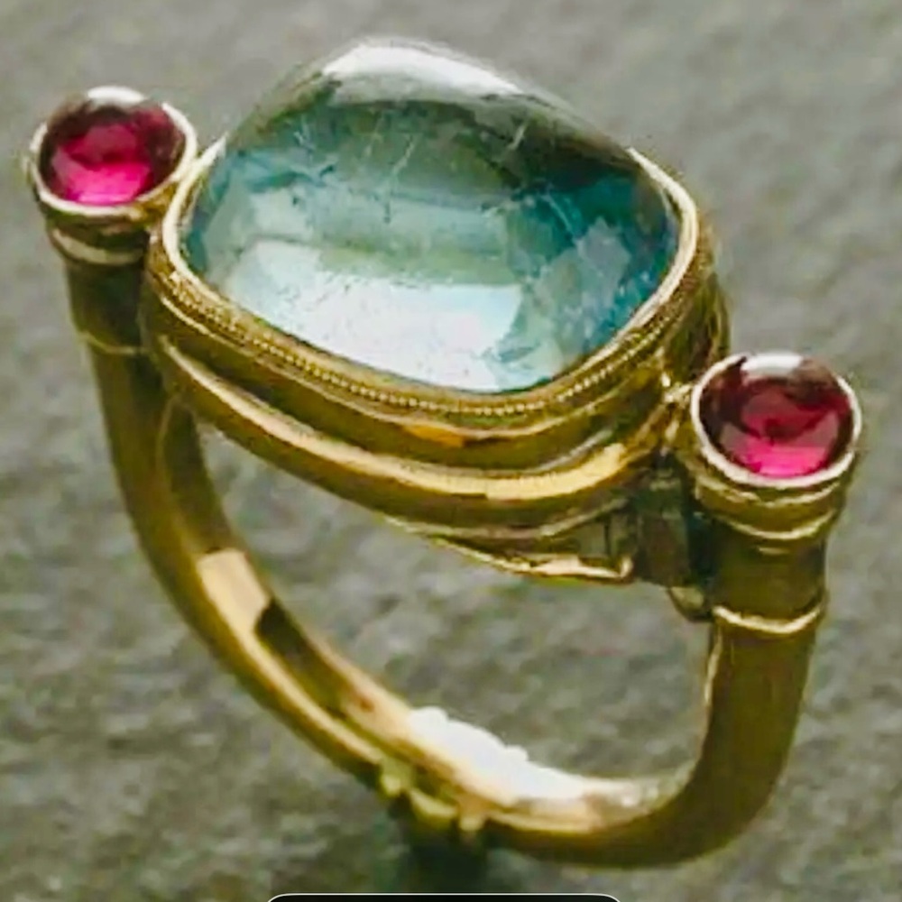 Vintage Style Elegant Gold Toned Pink and Blue Stone Jeweled Ring